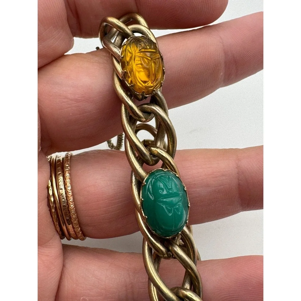 Vtg Kafin NY Scarab Bracelet Multi Stone Carved Beetle Double Chain MCM Egyptian